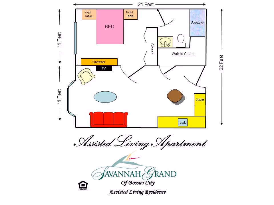 Simplified floor plan diagram of an assisted living apartment showing a bedroom, bathroom, living area, kitchen, and furniture with dimensions.