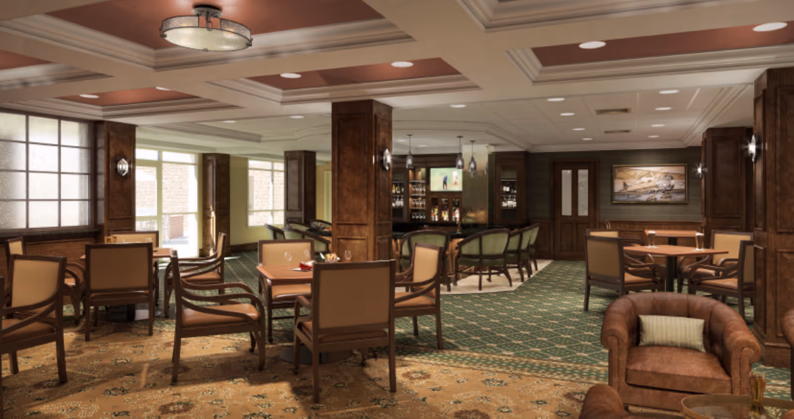 A spacious and elegant dining and lounge area with multiple tables and chairs arranged for seating. The room features a patterned carpet, wood-paneled columns, and a bar area with high chairs and pendant lighting. Large windows allow natural light to enter, and there is a comfortable leather armchair with a cushion in the foreground.