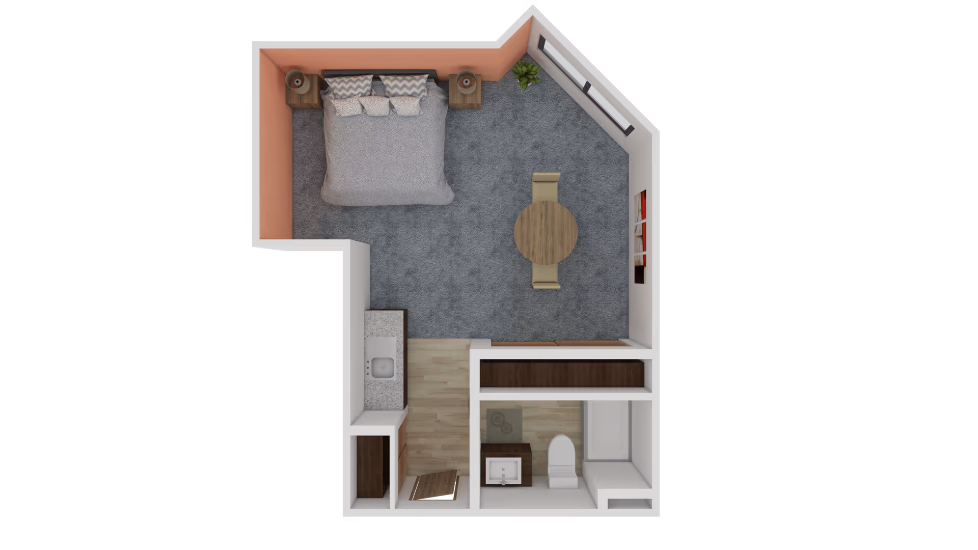 Top-down view of a senior living studio apartment floor plan featuring a bedroom area with a bed and nightstands, a small dining area with a round table and two chairs, a kitchenette with a sink, and a bathroom with a toilet, sink, and shower.