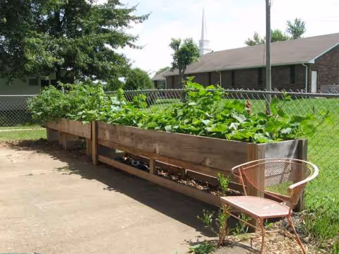 Raised garden beds with green plants beside a chain-link fence and a pink metal chair.