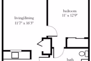 Black and white architectural floor plan showing a living/dining area measuring 11'7" x 16'3", a bedroom measuring 11' x 12'9", and a bathroom area.