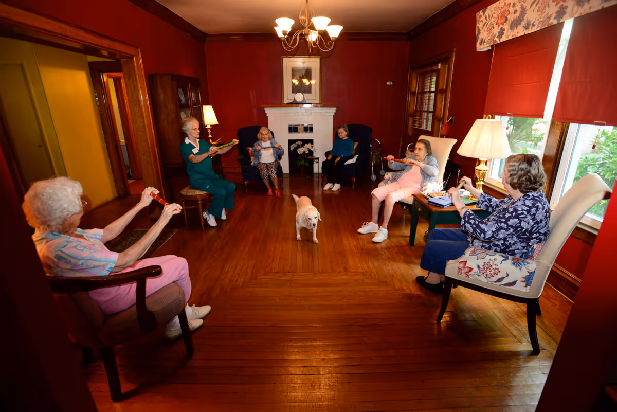 A group of elderly women seated in a living room doing a seated exercise while a small dog stands in the center of the room.