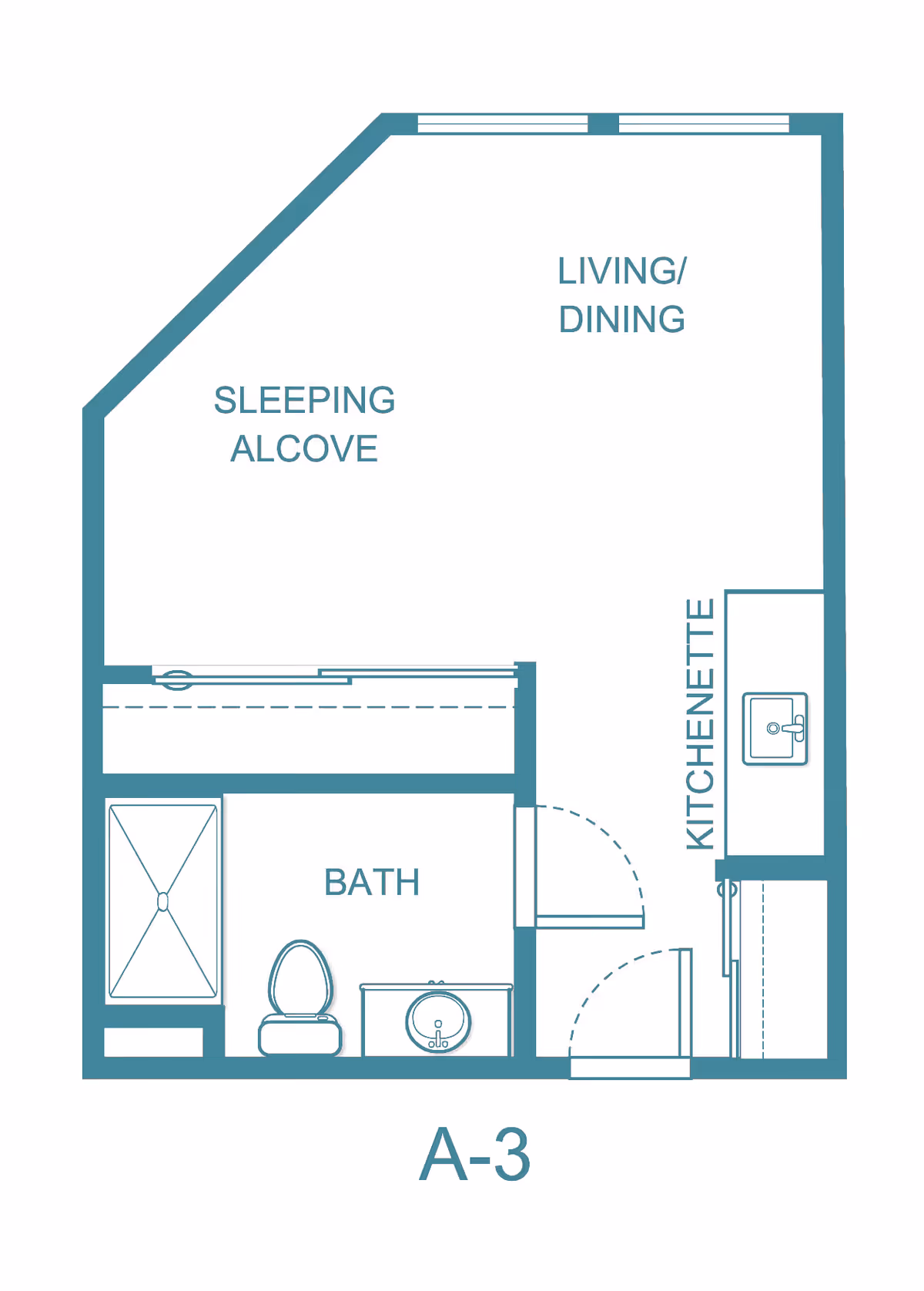 Floor plan labeled A-3 showing a layout with a sleeping alcove, living/dining area, kitchenette, and a bathroom with a shower, toilet, and sink.