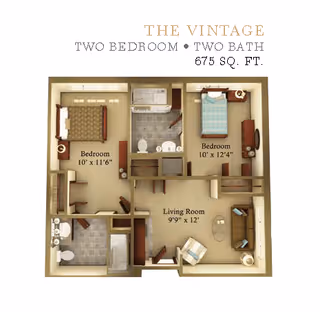 Floor plan titled The Vintage showing a two-bedroom, two-bath apartment with 675 square feet. The layout includes a living room measuring 9'9" x 12', two bedrooms (one 10' x 11'6" and the other 10' x 12'4"), and two bathrooms. The plan shows furniture placement including beds, sofas, tables, and bathroom fixtures.