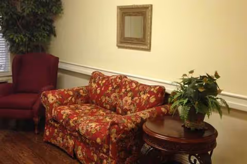 Floral red sofa with a side table and potted plant in a cozy living room.