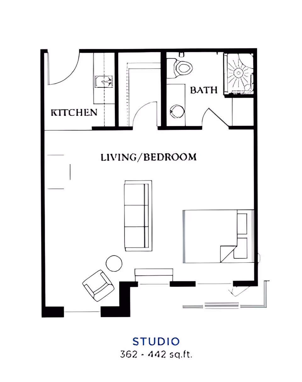 Floor plan of a studio apartment showing a combined living and bedroom area with a sofa, chair, and bed. The plan includes a kitchen area, a bathroom with a toilet and shower, and an entry door. The total area is labeled as 362 - 442 sq. ft.