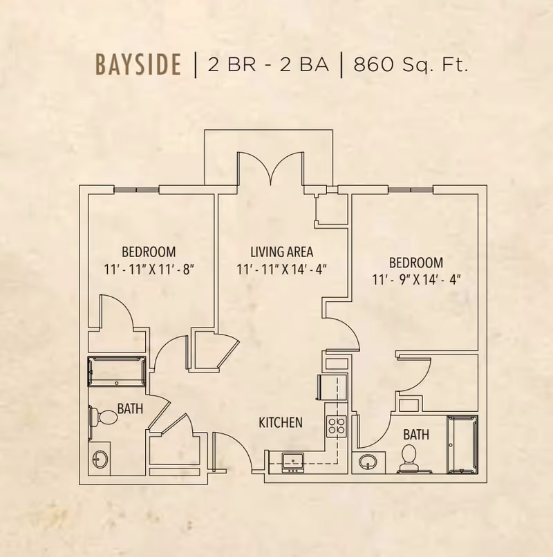 Floor plan of Bayside unit at Seagrass Village Independent Living showing 2 bedrooms, 2 bathrooms, a living area, and a kitchen with dimensions and layout.