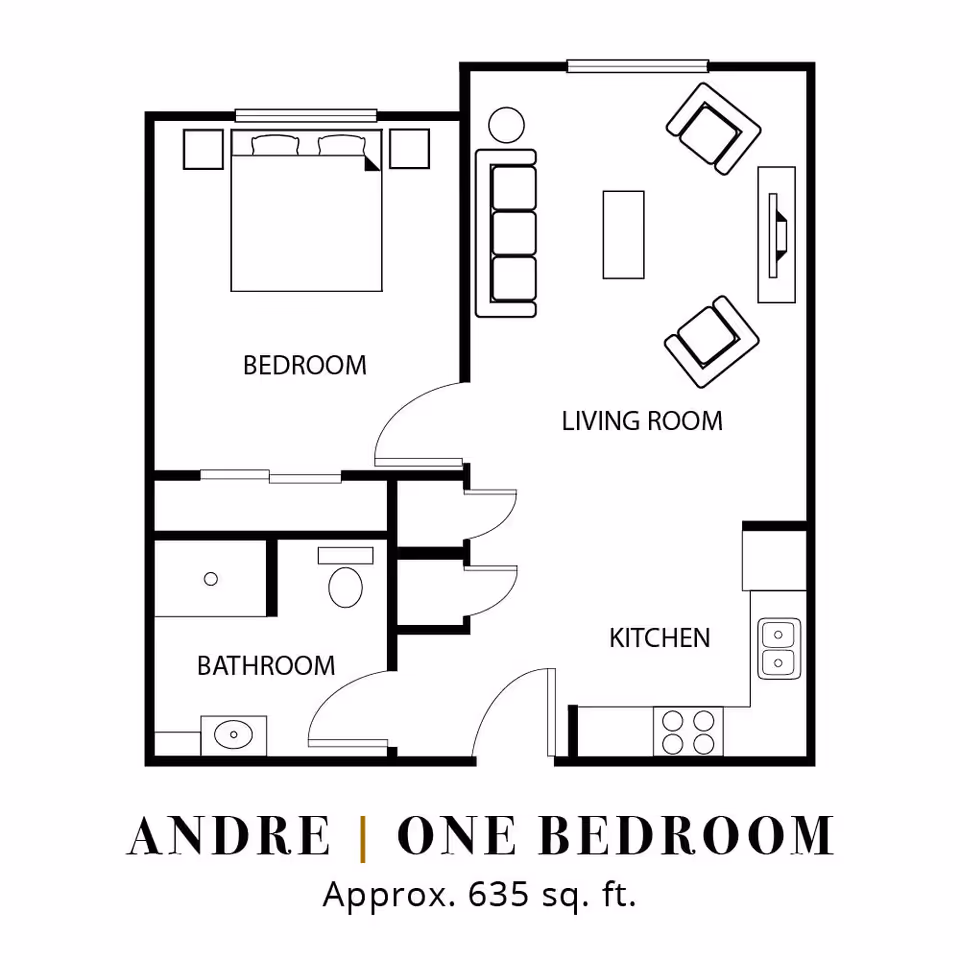 Floor plan of a one-bedroom apartment named Andre, approximately 635 square feet, showing a bedroom with a bed and two nightstands, a bathroom with a sink, toilet, and shower, a living room with a sofa, two chairs, a coffee table, and a TV, and a kitchen with a stove, sink, and counter space.