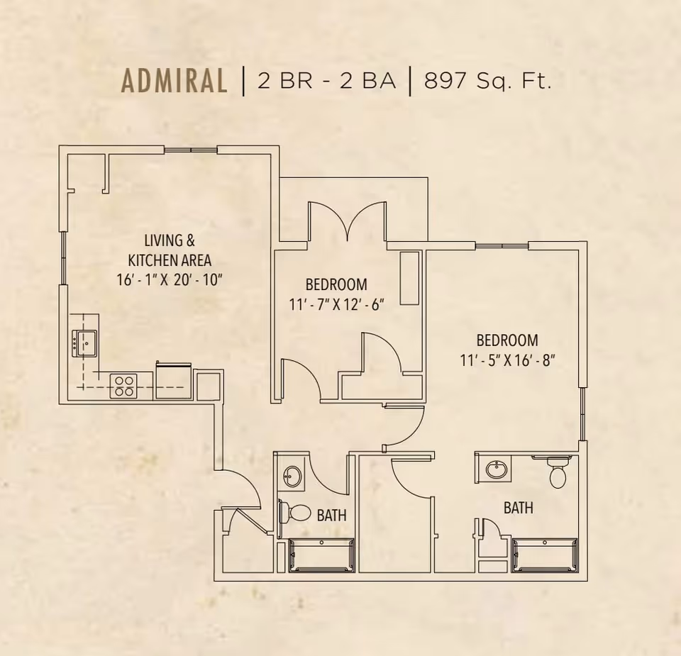 Floor plan labeled Admiral showing a 2 bedroom, 2 bathroom apartment with a living and kitchen area measuring 16 feet 1 inch by 20 feet 10 inches, one bedroom measuring 11 feet 7 inches by 12 feet 6 inches, and another bedroom measuring 11 feet 5 inches by 16 feet 8 inches. The layout includes two bathrooms and entry points.