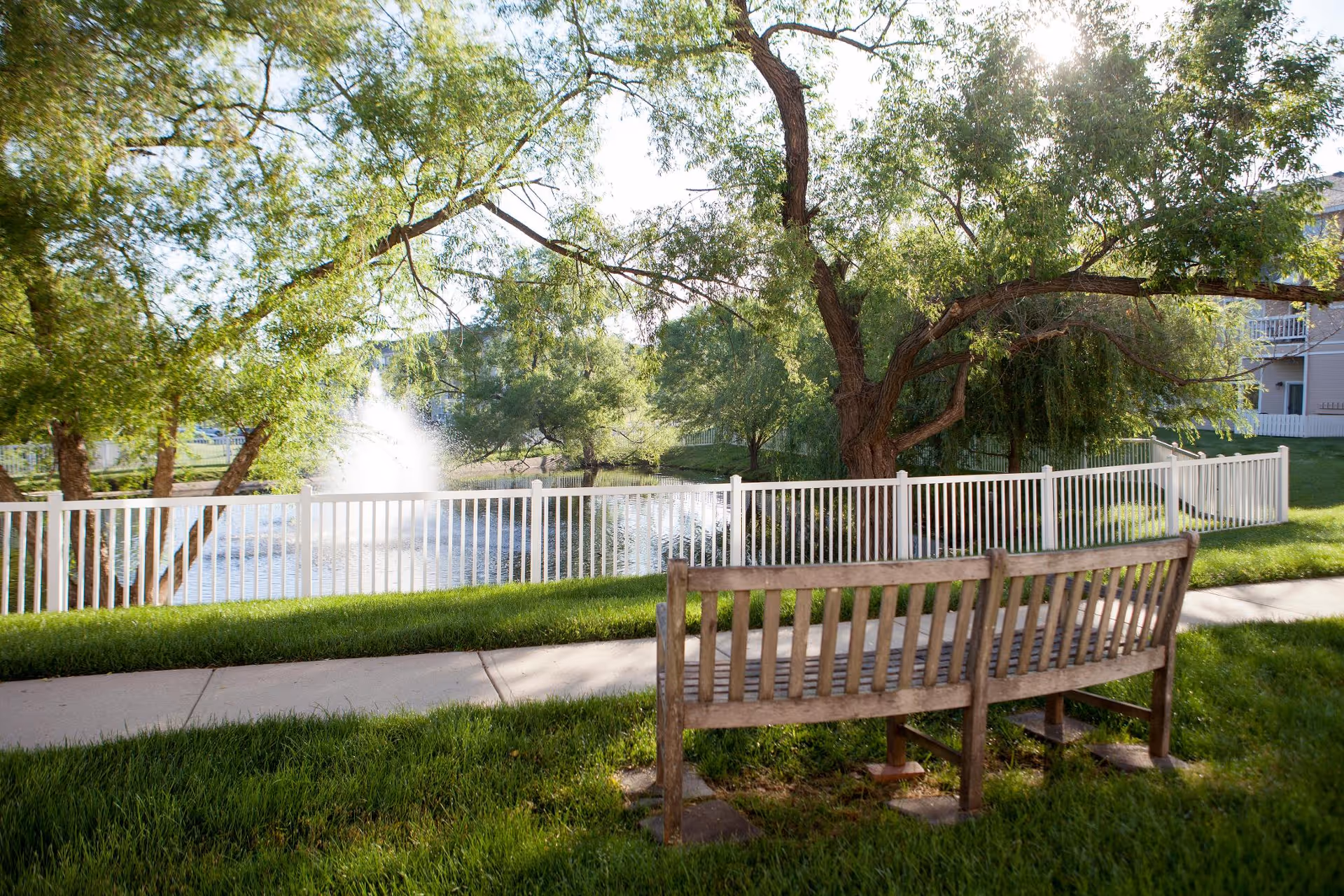 Wooden bench overlooking a fenced pond with a fountain beneath large leafy trees on a sunny day.