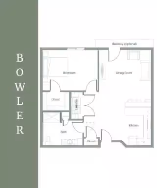 Floor plan labeled "Bowler" showing a one-bedroom apartment layout with living room, kitchen, bedroom, bathroom, closets, and an optional balcony.
