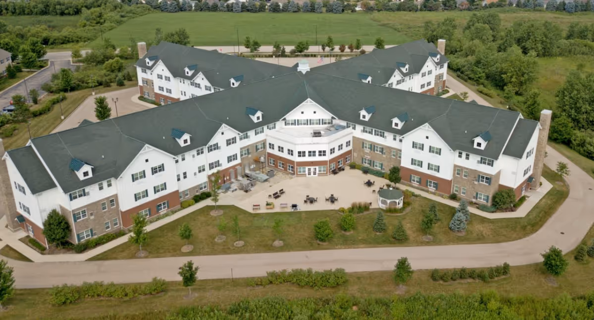 Aerial view of Deer Path of Huntley senior living campus with central courtyard.