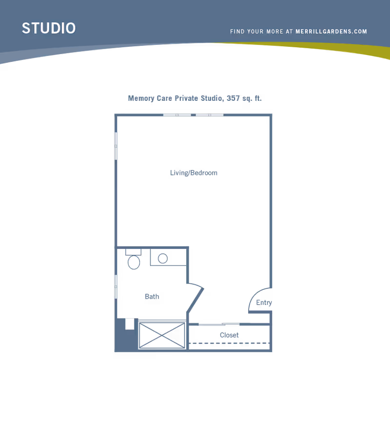 Floor plan of a memory care private studio apartment at Merrill Gardens at Glen Mills, showing a combined living and bedroom area, a bathroom, an entryway, and a closet. The total area is 357 square feet.