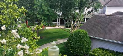 Well-kept outdoor area with trees, shrubs, and a walkway toward a facility entrance.