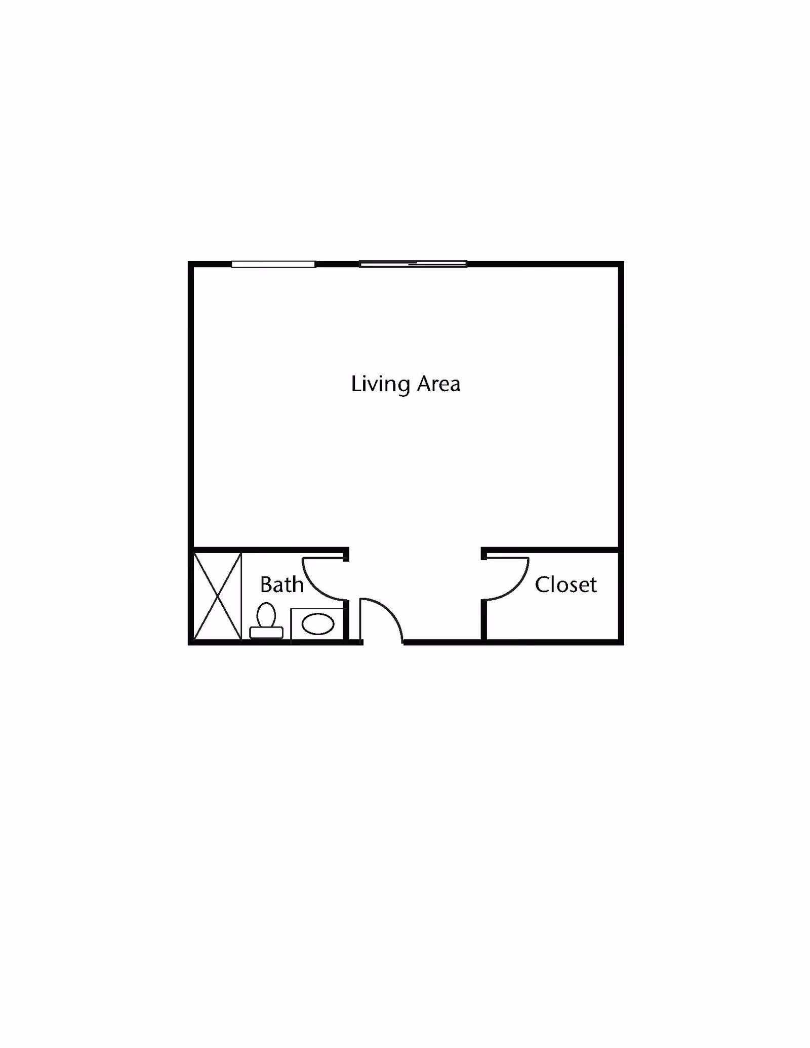Floor plan layout showing a living area with an attached bathroom and a closet.