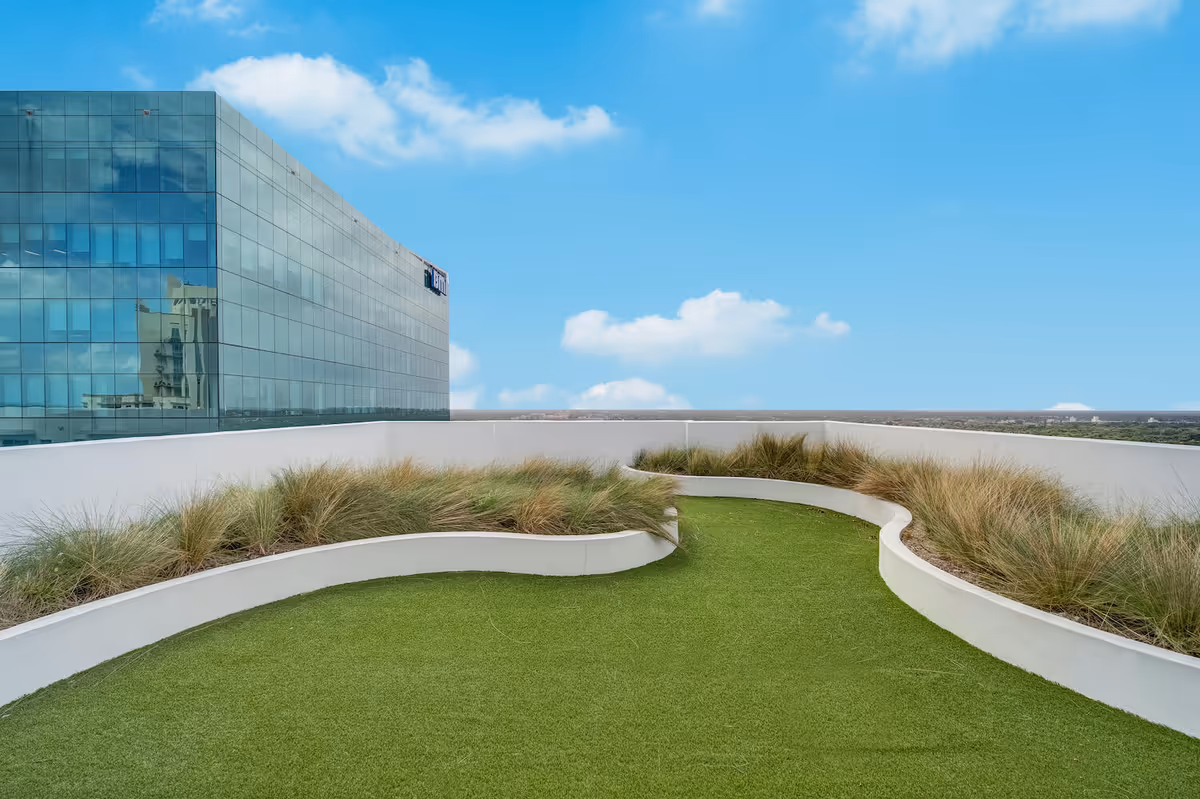 Rooftop garden with curved white planters, ornamental grasses and green turf next to a glass-clad office building under a blue sky.