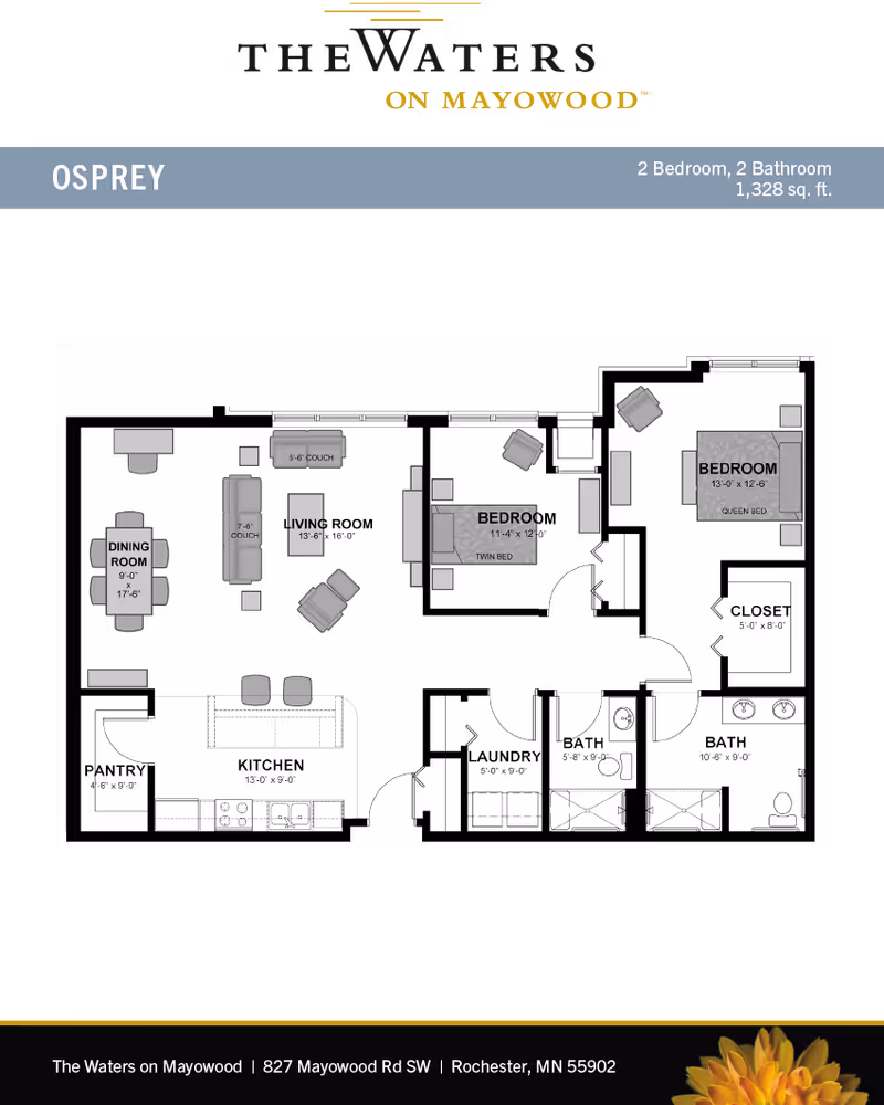 Labeled black-and-white floor plan for the Osprey two-bedroom, two-bath apartment at The Waters on Mayowood showing living, dining, kitchen, bedrooms, baths, laundry and closets.