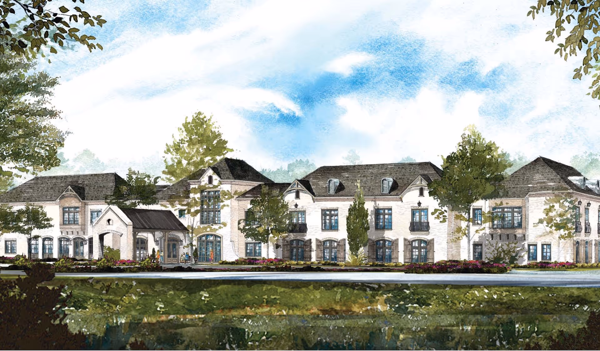 Watercolor-style illustration of a large two-story residential building with arched windows, a covered entrance, and landscaped grounds.