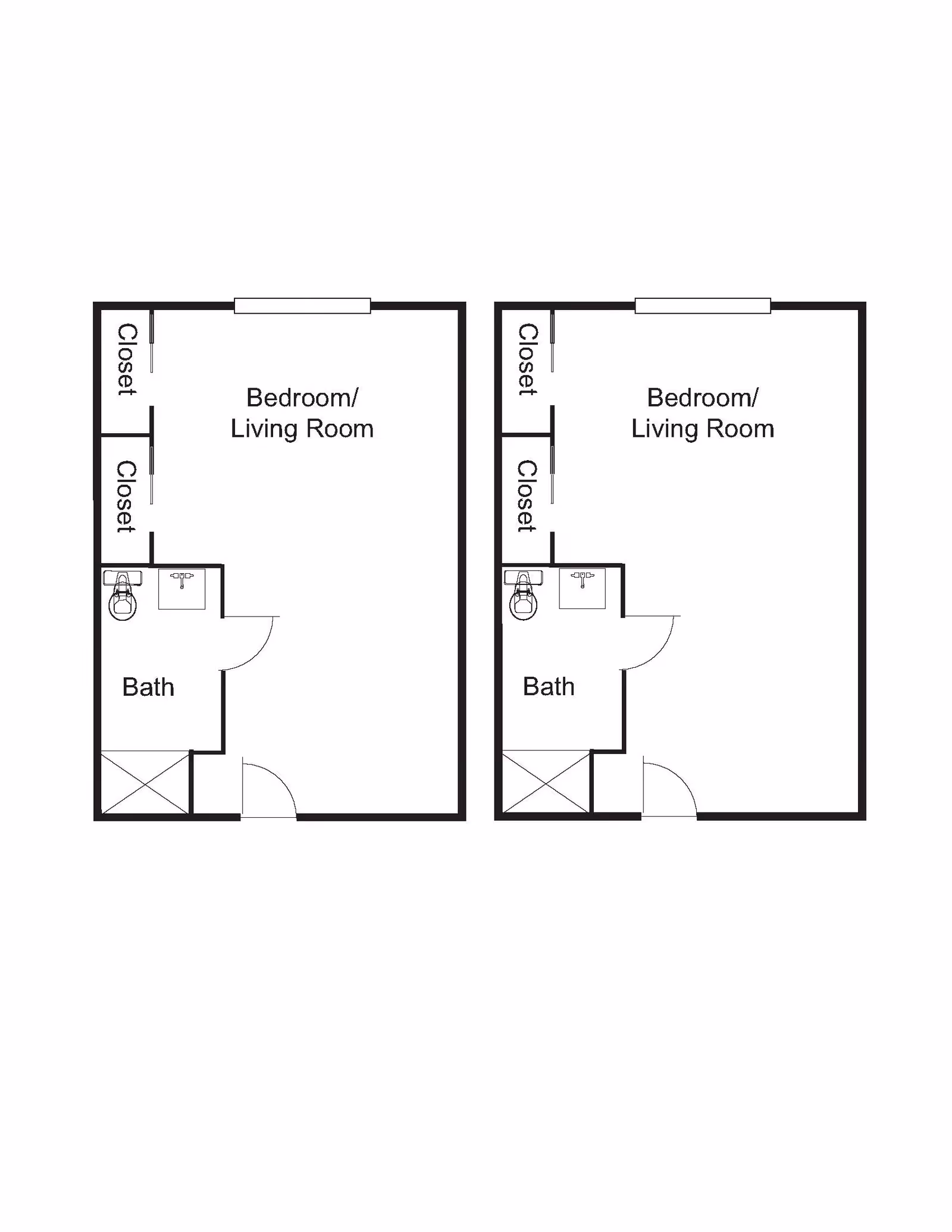 Architectural floor plan showing two identical studio apartment layouts, each with a combined bedroom and living room area, two closets, and a bathroom with a toilet, sink, and shower.