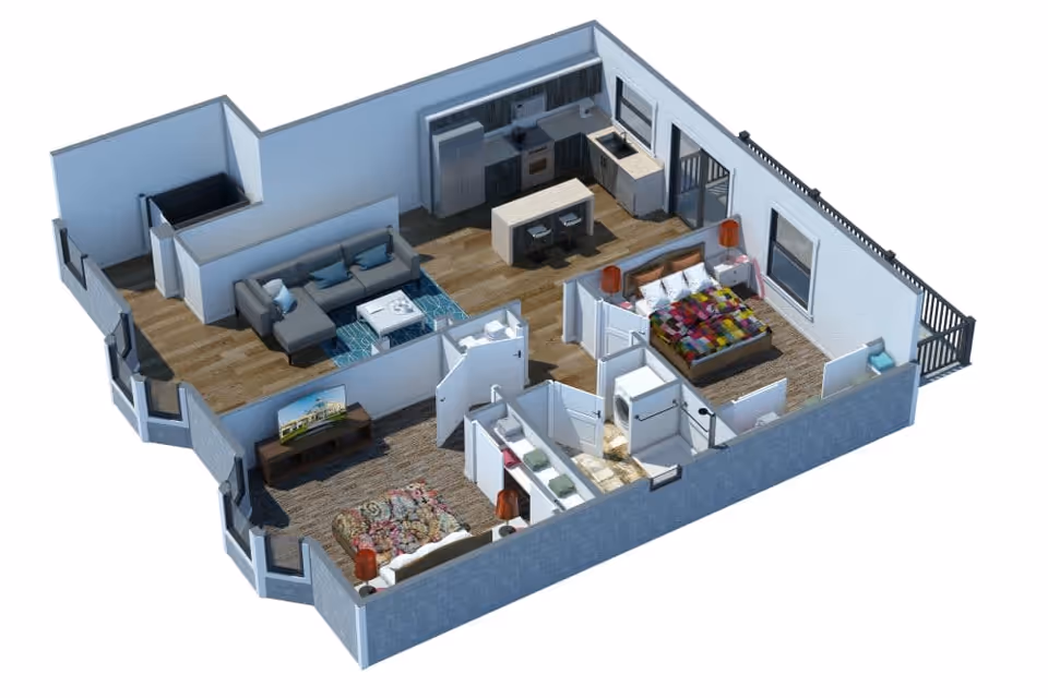 3D rendered isometric floor plan of a furnished two-bedroom apartment with an open kitchen, living area, bathroom, and balcony.