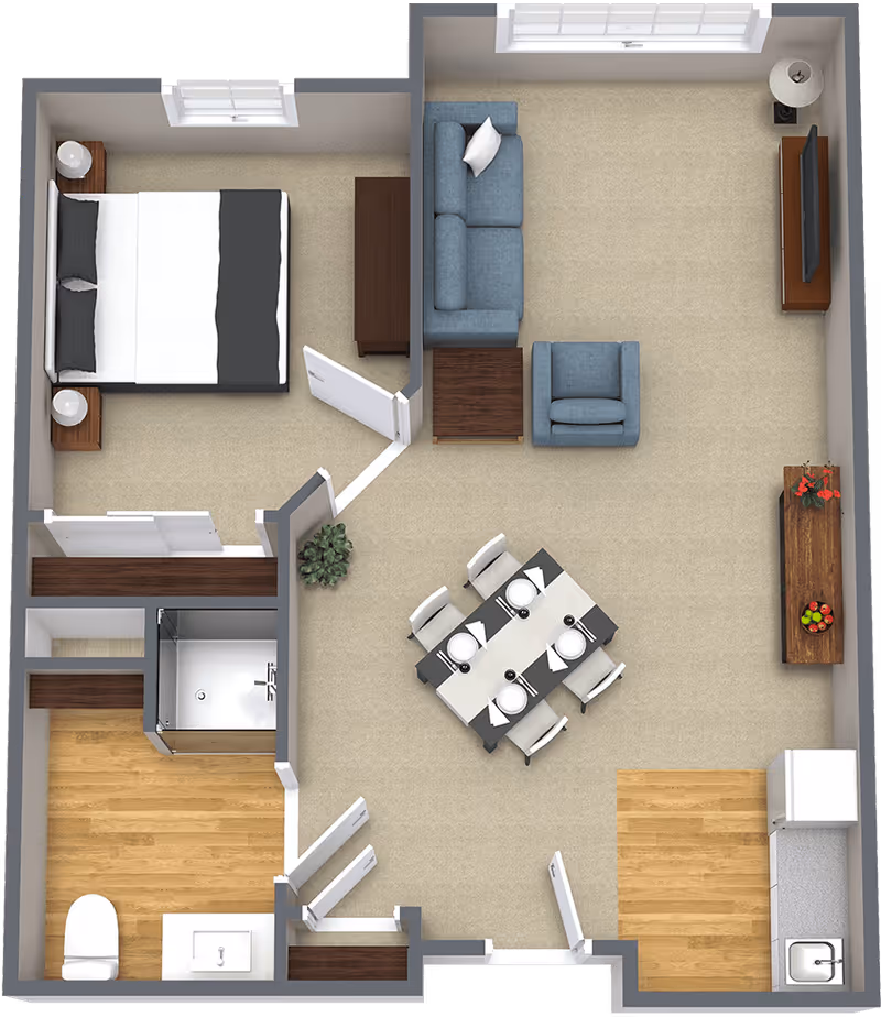 Top-down floor plan of a living space showing a bedroom with a bed and nightstands, a bathroom with a toilet, sink, and shower, a living room area with a sofa, armchair, coffee table, TV, and TV stand, a dining area with a table set for six, and a kitchen area with a refrigerator, sink, and counter space.