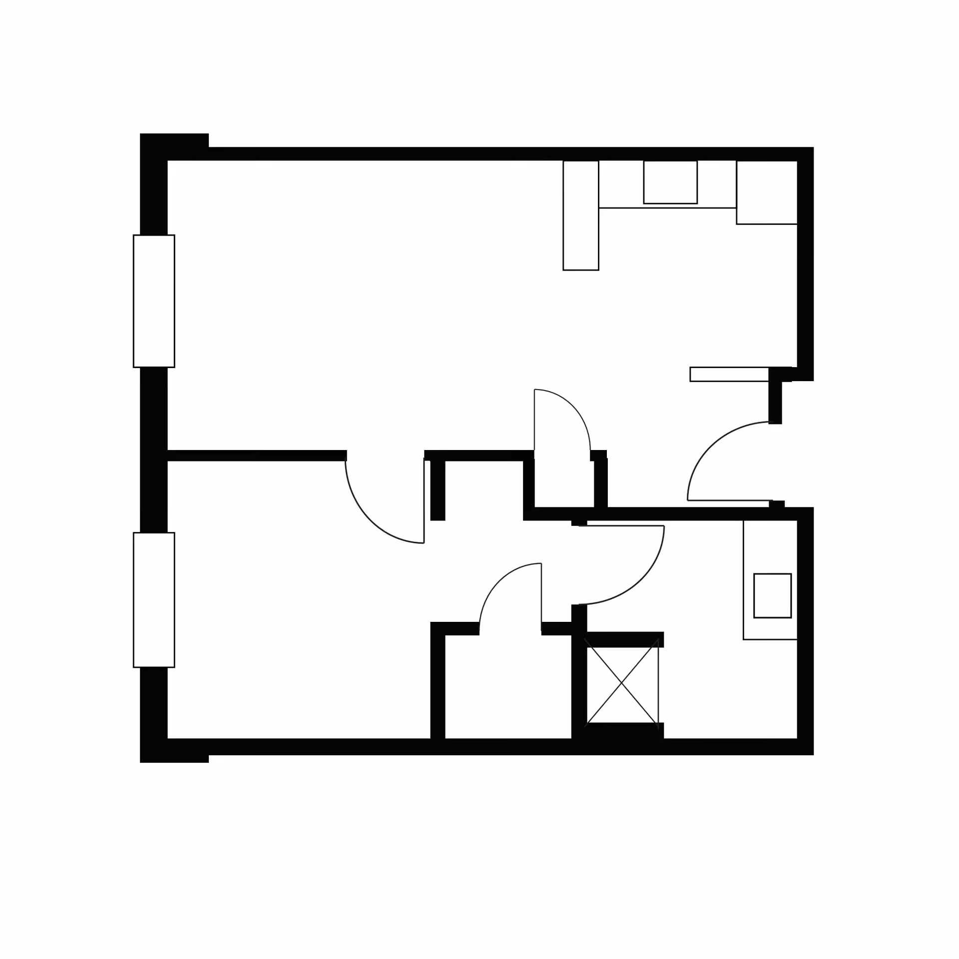 Black and white architectural floor plan layout of a residential unit with multiple rooms and doors, including a kitchen area and bathroom.
