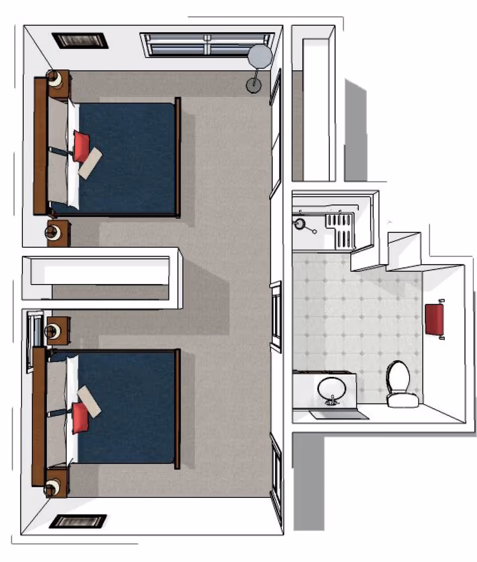 Top-down floor plan of a room with two beds, each with a nightstand and lamp, and an adjacent bathroom with a sink, toilet, and shower.