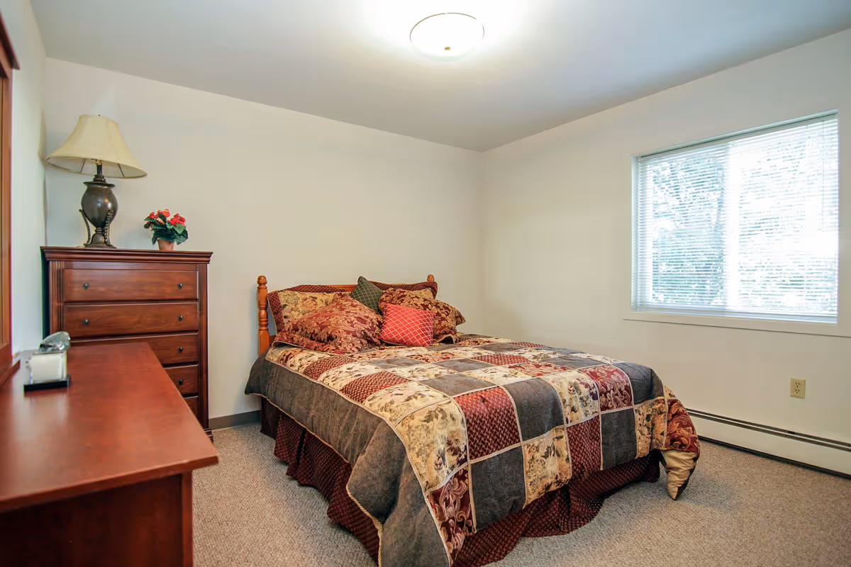 A bedroom with a bed covered in a patchwork quilt with multiple pillows. There is a wooden dresser with a lamp and a small plant on top. A window with blinds lets in natural light, and the walls are plain white.