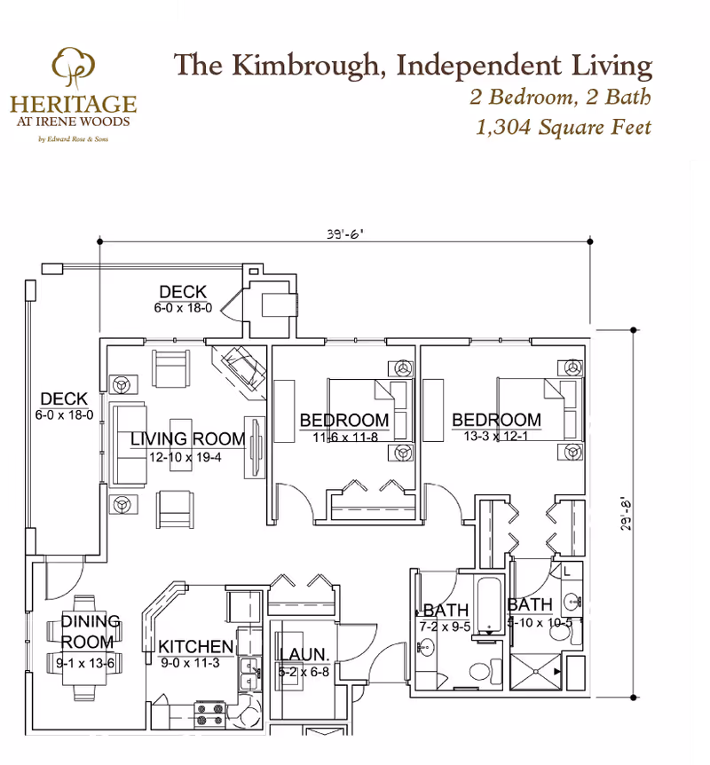 Architectural floor plan of The Kimbrough, Independent Living unit at Heritage at Irene Woods, showing a 2-bedroom, 2-bath layout with dimensions. The plan includes a living room, dining room, kitchen, laundry area, two decks, and detailed room measurements.