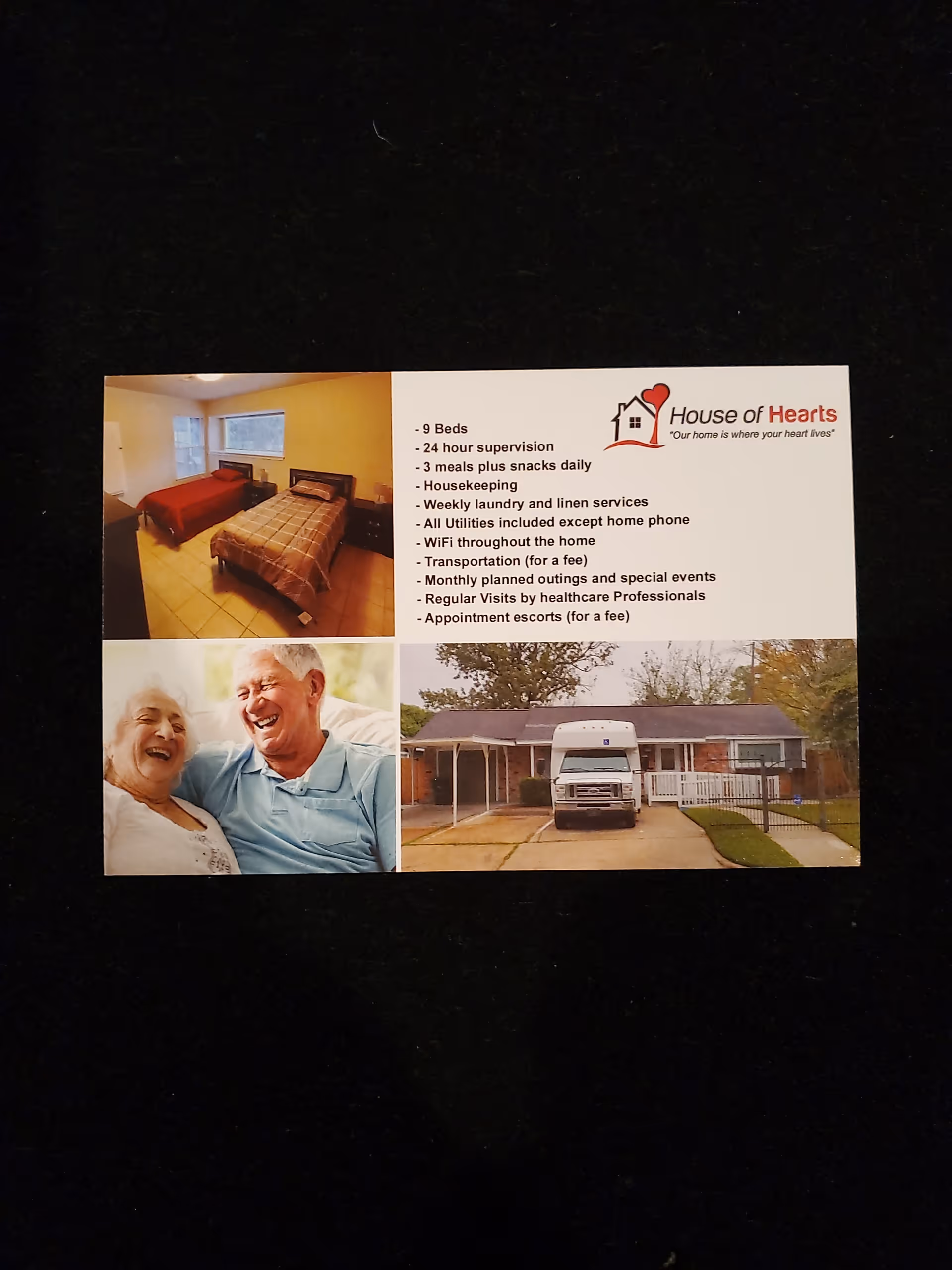 Flyer for House of Hearts Assisted Living, LLC featuring three images: a bedroom with two beds, an elderly couple smiling and laughing, and the front exterior of the facility with a vehicle parked in the driveway. The flyer lists services including 9 beds, 24-hour supervision, meals, housekeeping, laundry, utilities, WiFi, transportation, planned outings, healthcare visits, and appointment escorts.