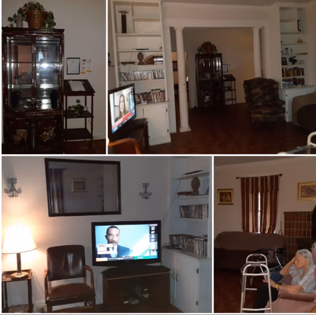 Collage of a living room interior showing a TV, chairs, shelving units, decorative cabinets, and an elderly person seated near a walker.