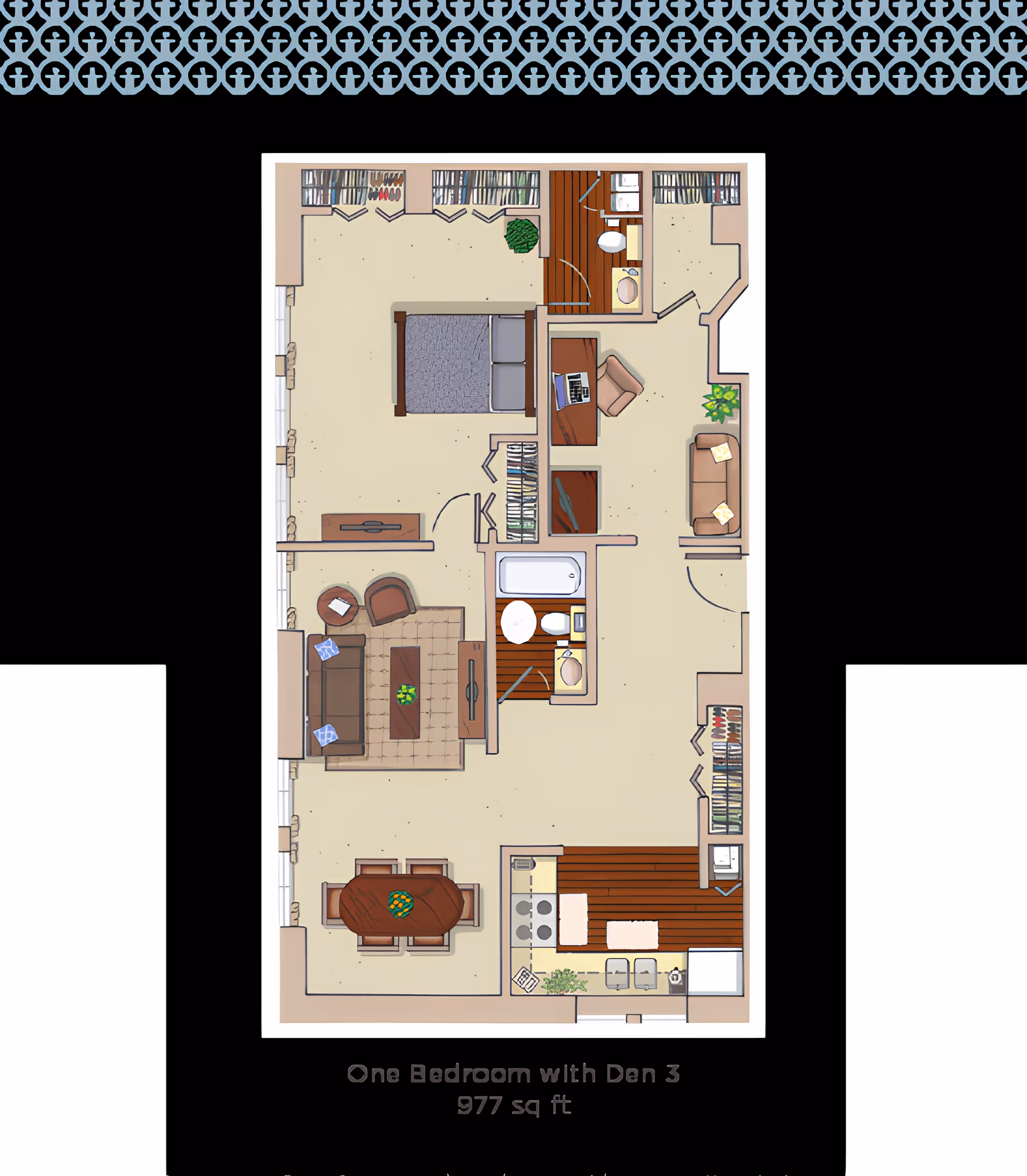 Top-down illustrated floor plan of a one-bedroom-with-den apartment showing a bedroom, den, living room, dining area, kitchen, and bathroom.