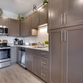 Modern kitchen with gray cabinets, stainless steel appliances including a microwave, stove, and dishwasher. The countertop is granite with a sink and faucet, and there are decorative items and small plants on the counter and above the cabinets.