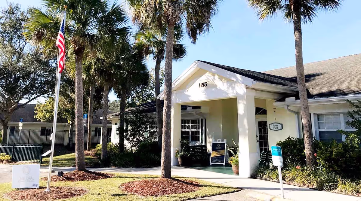 Exterior view of a single-story building with a covered entrance labeled 'Town Hall' at 1155. The building is surrounded by palm trees, landscaped bushes, and a lawn. An American flag is flying on a flagpole near the entrance.