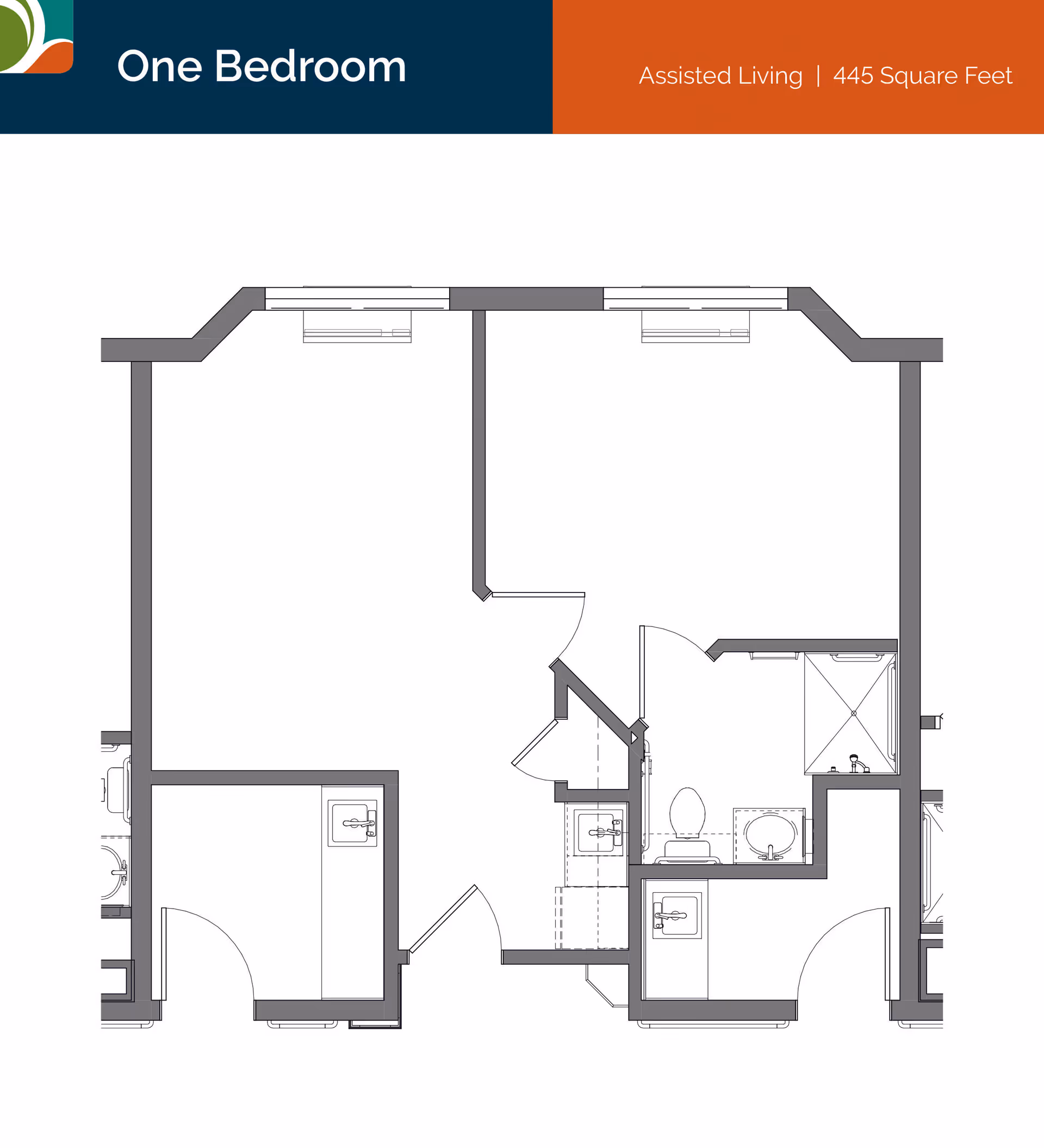Floor plan layout of a one-bedroom assisted living unit measuring 445 square feet, showing rooms including a bedroom, bathroom with toilet and shower, and additional spaces with sinks.