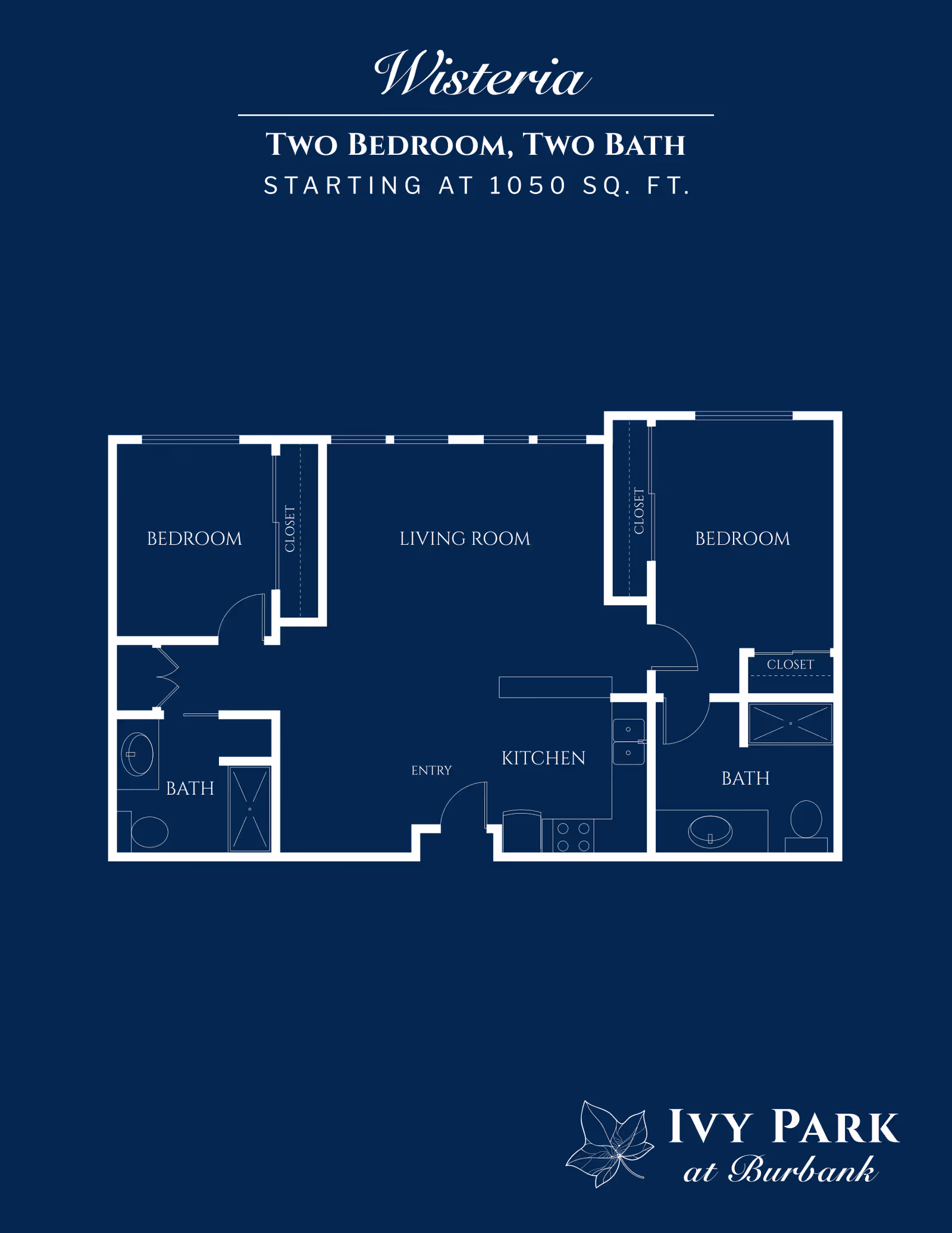Floor plan of the Wisteria apartment at Ivy Park at Burbank showing a two-bedroom, two-bath layout starting at 1050 square feet. The plan includes two bedrooms each with a closet, two bathrooms, a living room, a kitchen, and an entry area.