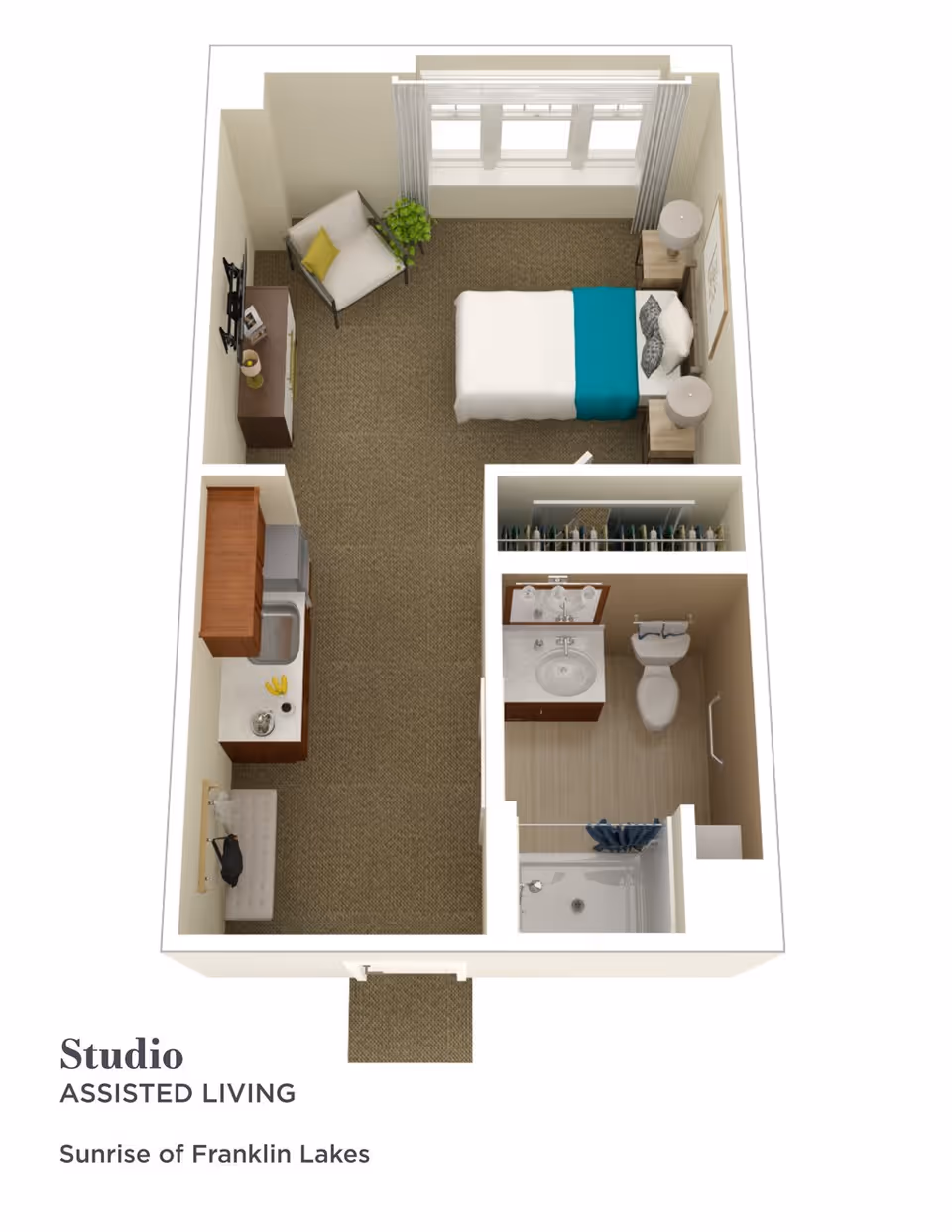 3D floor plan of a studio assisted living apartment at Sunrise of Franklin Lakes, showing a combined living and sleeping area with a bed, armchair, TV, kitchenette with sink and cabinets, a closet, and a bathroom with a shower, toilet, and sink.