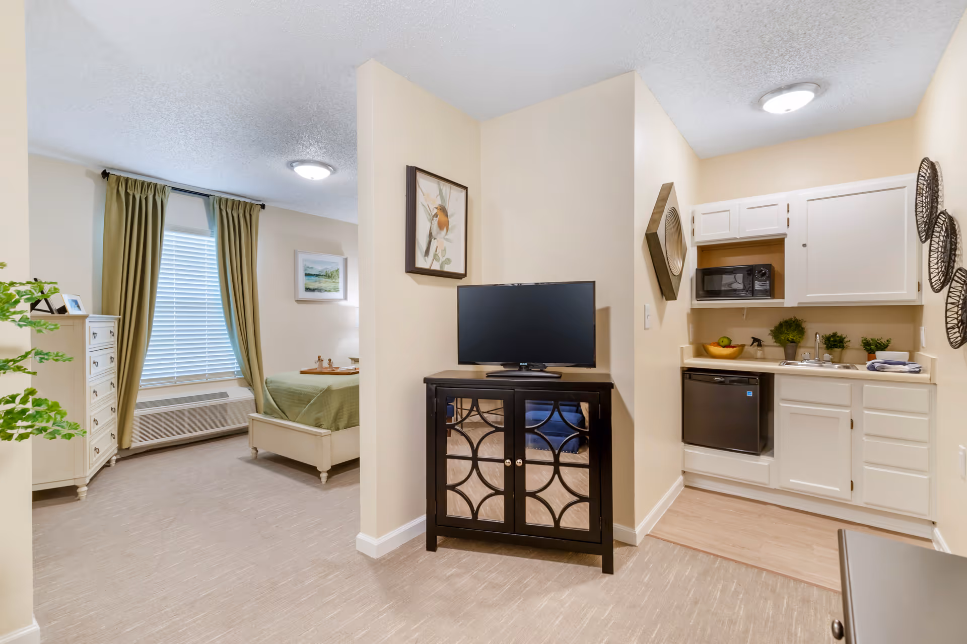 Studio apartment interior with a bed by a window, a TV on a cabinet, and a small kitchenette.