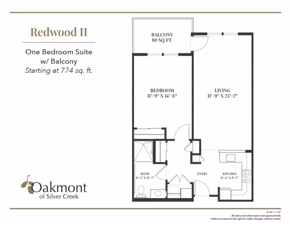 Floor plan of Redwood II, a one bedroom suite with balcony at Oakmont of Silver Creek. The layout includes a bedroom measuring 11 feet 9 inches by 14 feet 6 inches, a living room measuring 11 feet 9 inches by 23 feet 2 inches, a kitchen measuring 6 feet 4 inches by 9 feet 7 inches, a bathroom measuring 6 feet 5 inches by 11 feet 7 inches, an entry area, and an 80 square foot balcony.