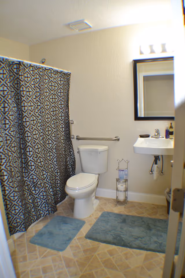 A small bathroom with a toilet, a sink with a mirror above it, and a shower with a patterned curtain. There are two blue bath mats on the tiled floor and a metal toilet paper holder next to the toilet. The walls are light-colored and there is a grab bar installed next to the toilet.