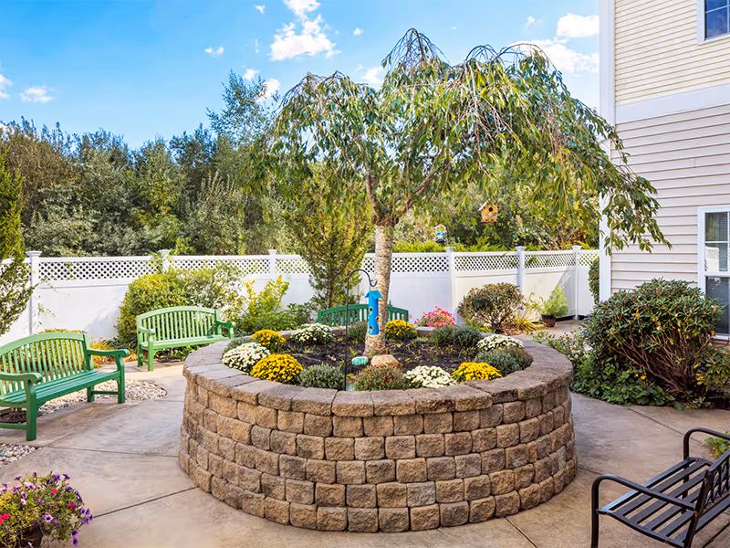 Sunny courtyard with a circular raised stone planter holding a small tree and flowers, surrounded by green benches and a white privacy fence.