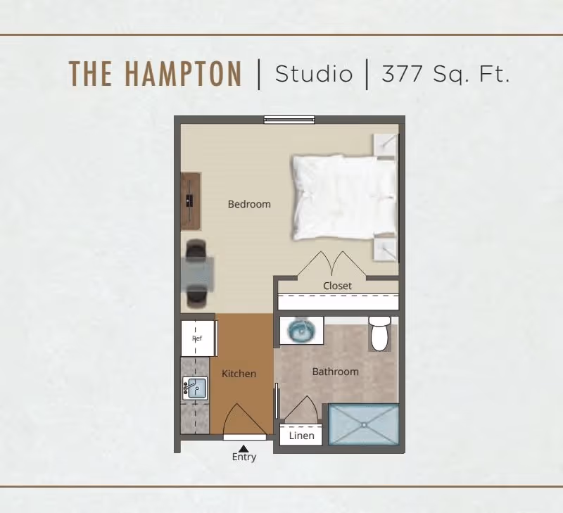 Floor plan of The Hampton studio apartment at The Canopy at Azalea Grove, showing a 377 square feet layout with a bedroom area, kitchen, bathroom, closet, linen closet, and entry door.