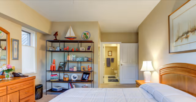 Bright furnished bedroom with a bed, wooden dresser and nightstand, a shelving unit filled with decor, and an open door leading to a bathroom.