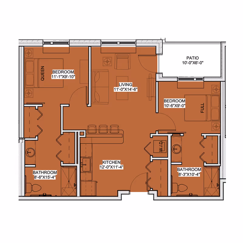 Floor plan of a residential unit at The Barclay at Charlottesville showing two bedrooms, two bathrooms, a kitchen, a living area, and a patio. The left bedroom has a queen bed and the right bedroom has a full bed. The kitchen includes a counter with three stools. Both bathrooms have a toilet, sink, and shower. The patio is adjacent to the living area.