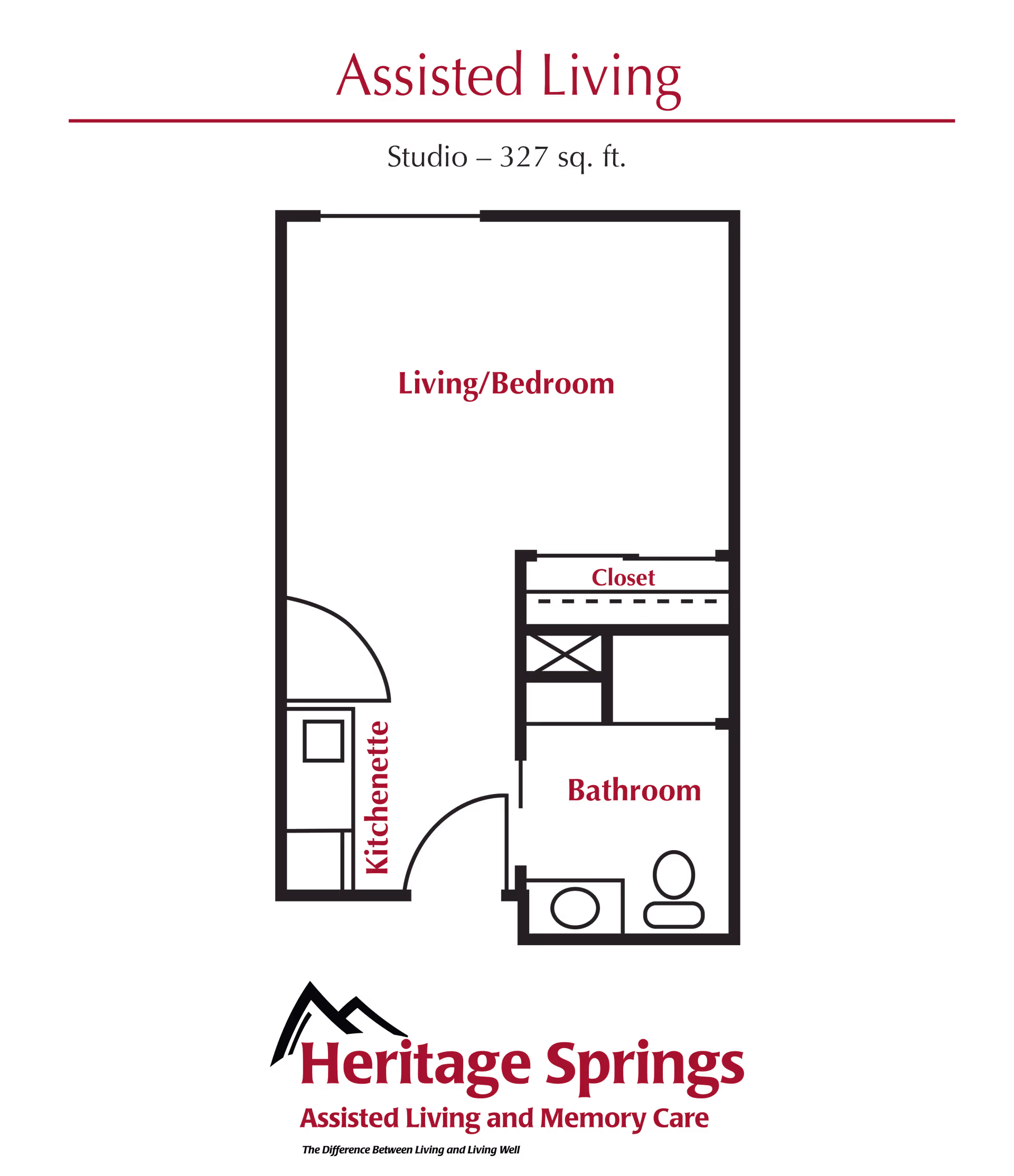 Studio floor plan on a black background labeled Living/Bedroom, Kitchenette, Closet, and Bathroom for an assisted living facility.