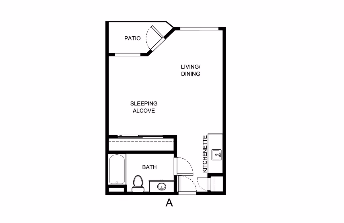Black-and-white floor plan of a studio-style unit showing a patio, living/dining area, sleeping alcove, kitchenette and a bathroom.