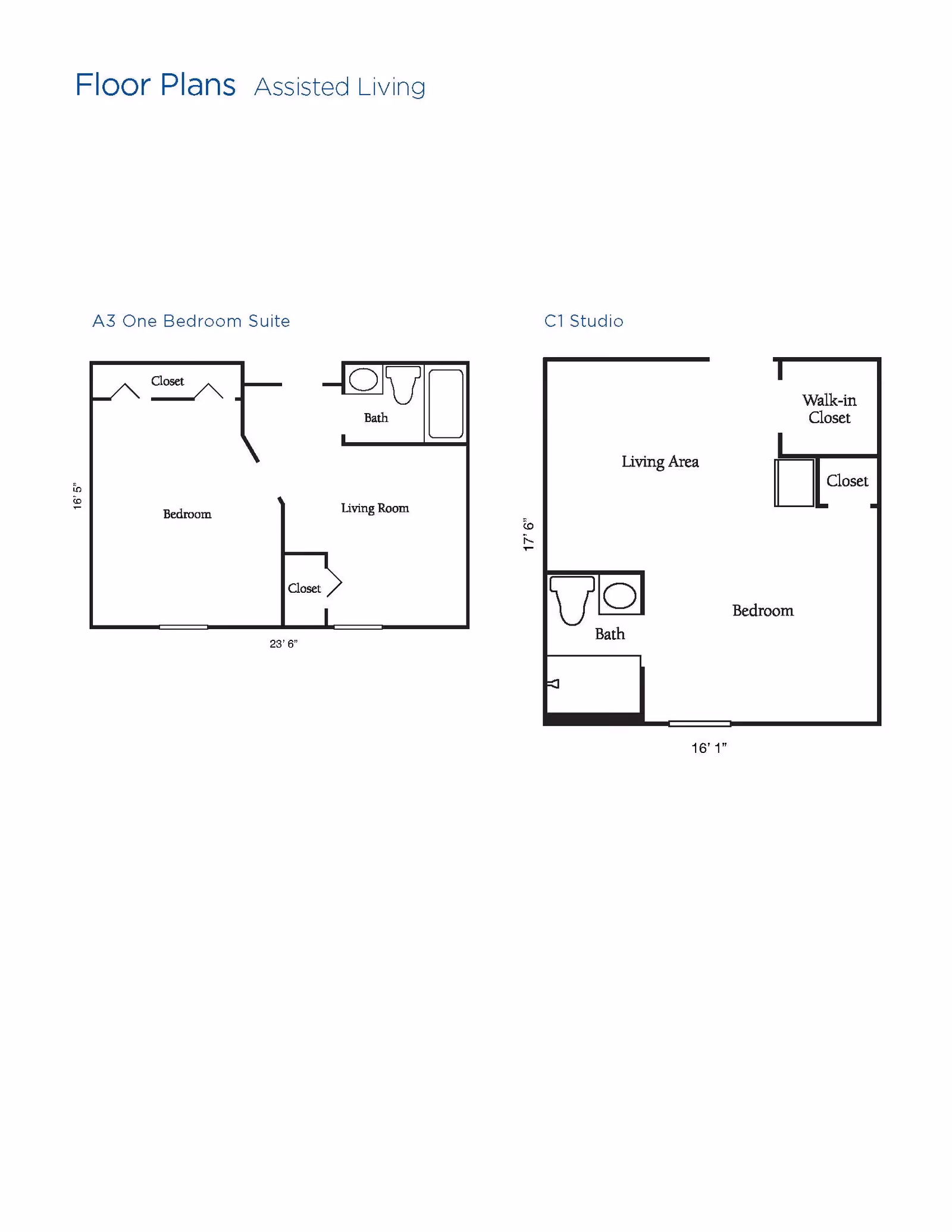 Floor plans for assisted living units at Brookdale Sevierville showing two layouts: A3 One Bedroom Suite with a bedroom, living room, bath, and closets; and C1 Studio with a combined living area and bedroom, bath, walk-in closet, and closet.