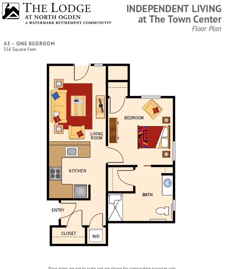 Floor plan illustration of a one-bedroom, 556 square-foot independent living apartment showing living room, kitchen, bedroom, bath, closet and W/D.