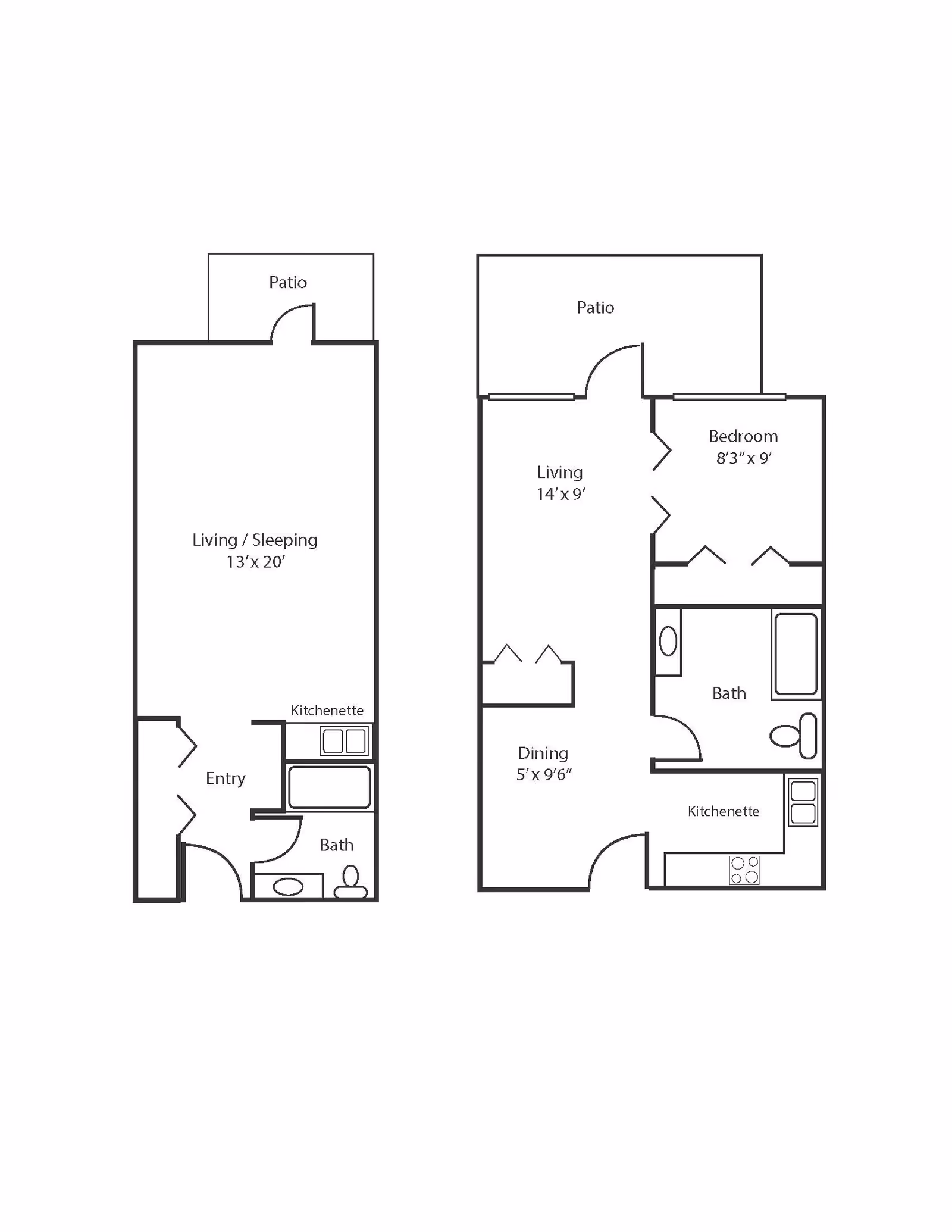 Two architectural floor plans for residential units at Brookdale Allenmore IL, each showing layout with labeled areas including living/sleeping spaces, kitchenette, bath, entry, dining, bedroom, and patio.