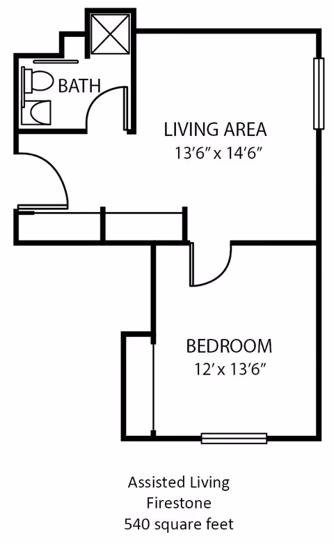 Floor plan of an assisted living unit named Firestone at Whispering Pines Village, showing a living area measuring 13 feet 6 inches by 14 feet 6 inches, a bedroom measuring 12 feet by 13 feet 6 inches, and a bathroom. The total area is 540 square feet.